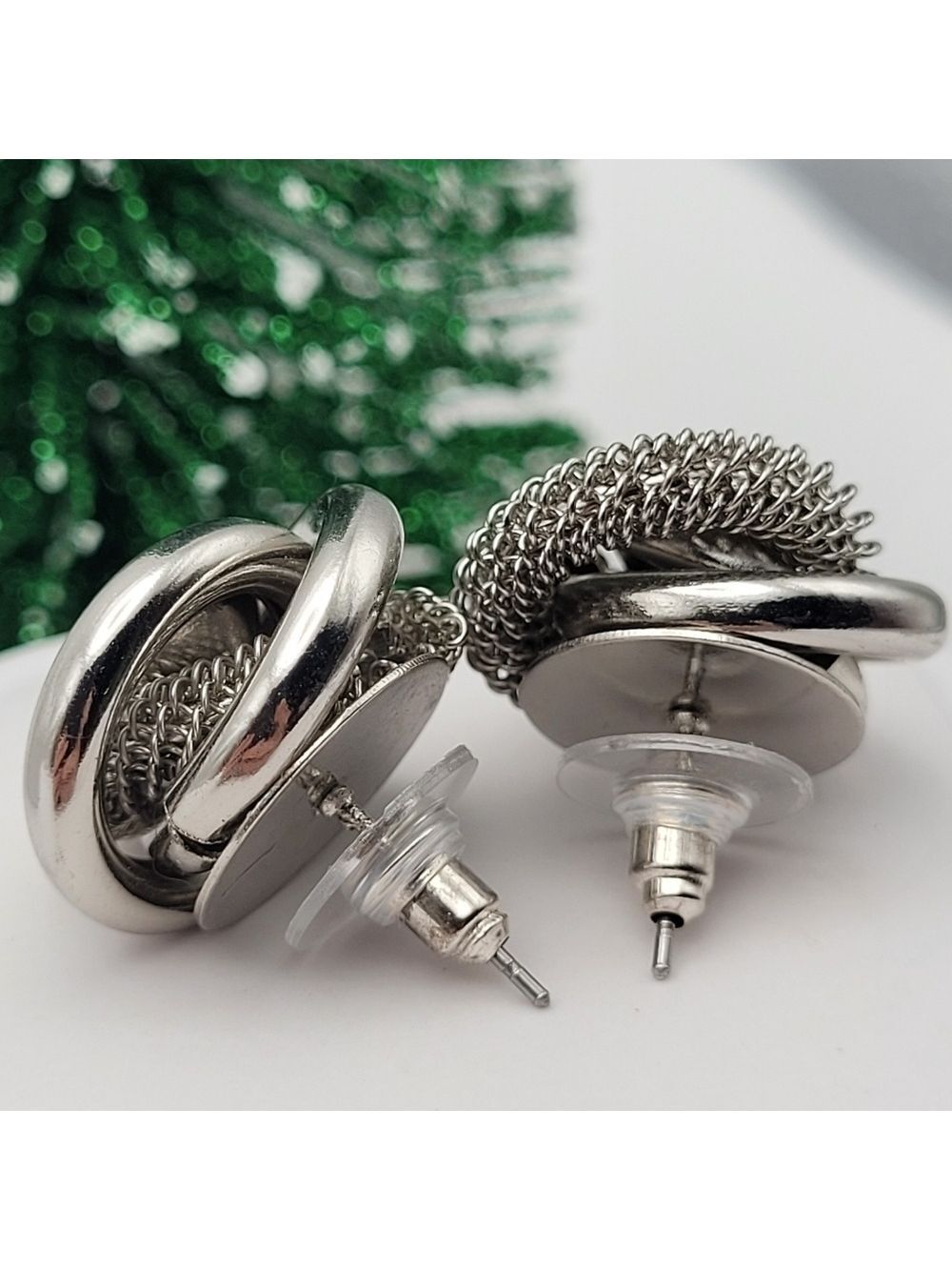 ✨2/$10✨ Twisted Silver Earrings Clear Crystal Round Oval Mesh - Picture 4 of 9